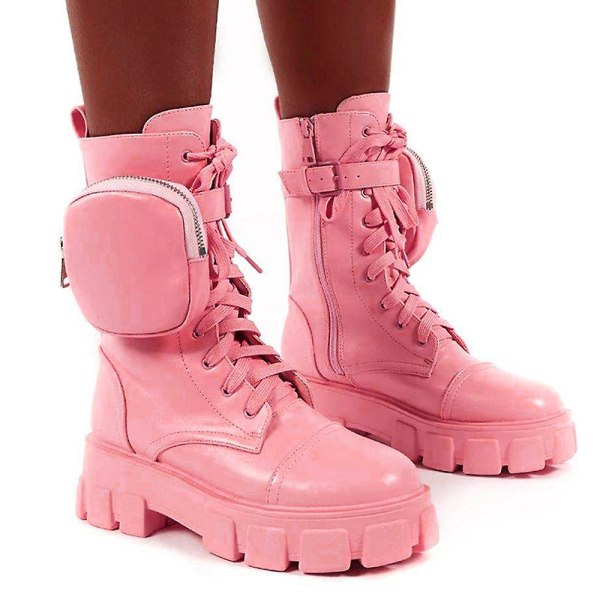 Kvinnor Combat Ankel Boots Chunky Platform Snörning Zip Biker Skor -ge Pink 40