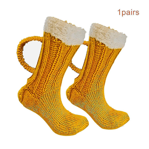 3d ölmugg strumpor Söt unisex rolig nyhet Gul stickade strumpor Vinter Varm tjock golvstrumpa för män 1pair