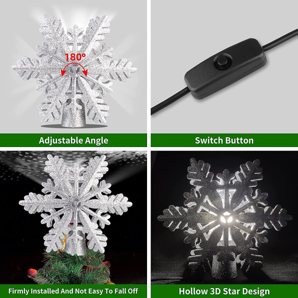 Christmas Tree Topper Light With Rotating Led Projector, 3d Hollow Snowflake Christmas Tree Topper -ES