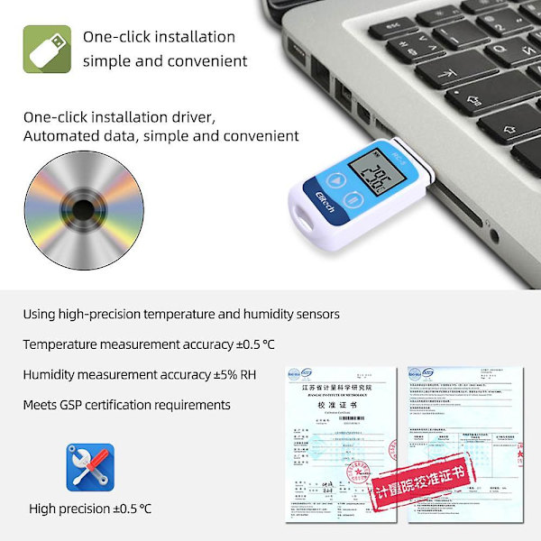 ELitech RC-5 Højpræcision Digital USB Temperatur Data Logger Kompatibel med Lageropbevaring Kølet Transport Laboratorium White  Blue