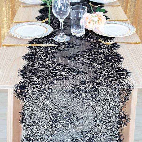 16x120 tommer Sort Blonder Dug - Elegant Blomster Boho Bryllupsdekoration