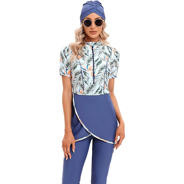 Kvinnor Modest Badkläder Islamisk Muslim Baddräkt Kortärmad Dragkedja Fram Top Shorts Byxor Hijab 3st Simdräkt S-4xl Tangrui Blue Flower M