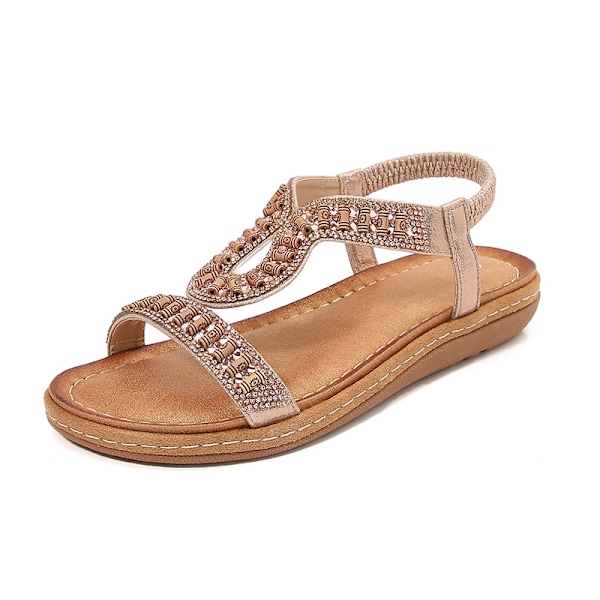 Dame Sandaler 2025 med Rund Tå og Krystaller - Åndbart Boho Chic Design Peach 40