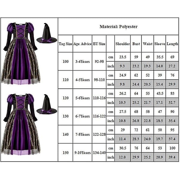 Halloween-kostume til piger 3-10 år - Hexe kjole med hat 3-4 Years