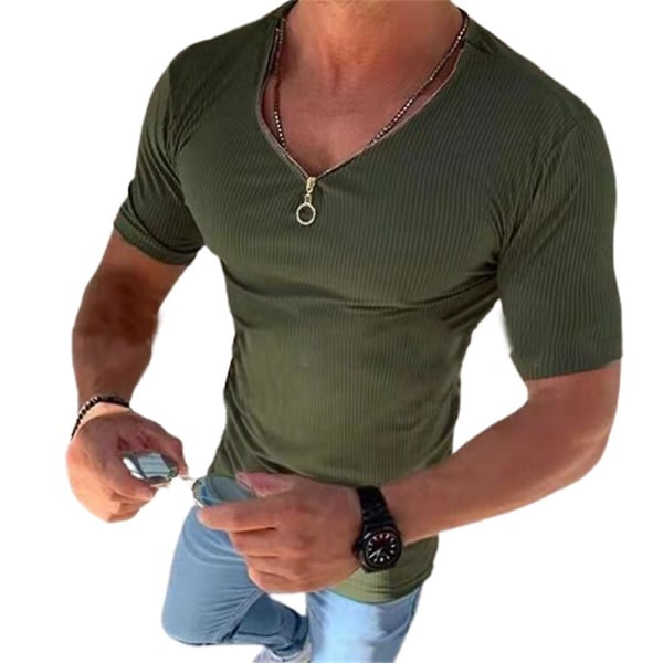 Herreoverdele Sommer Casual Slim Fit V-hals T-shirts med lynlås Green S