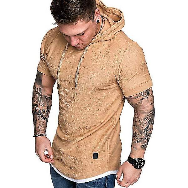 Kortärmad t-shirt med huva för män sommar, casual huvtröja Sporttoppar Khaki L