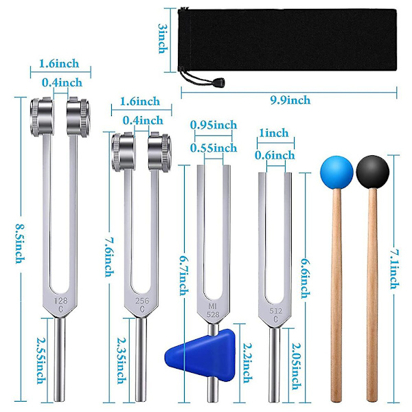 4 Pack Tuning Fork Set(128 Hz, 256 Hz, 512 Hz, 528 Hz) äänihaarukan vasaralla yhteensopiva Sound Sound Vibratio -hg kanssa blacksilverwood