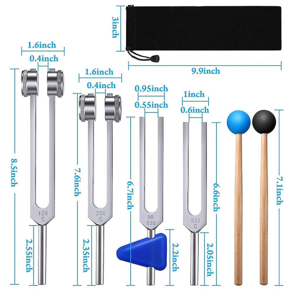 4-pakke stemmegaffelsett (128 Hz, 256 Hz, 512 Hz, 528 Hz) med stemmegaffelhammer kompatibel med lyd Lyd Vibrasjon -hg blacksilverwood