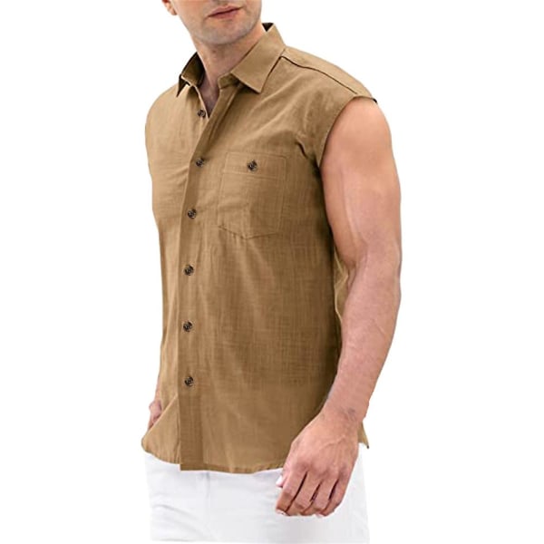 Herre overdele sommer afslappet ærmeløs almindelig skjorte Brown XL