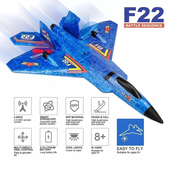 F22 2,4g Fjärrkontroll Rc Plane 3-axlig Gyro 2ch Jet Airplane Fighter Rtf -ES Blue