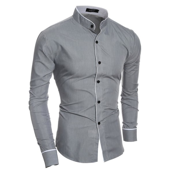 Herre Solid Casual Stand Neck Langærmet Shirt Business Toppe Grey M