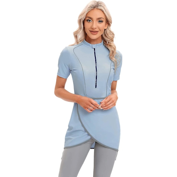 Kvinnor Modest Badkläder Islamisk Muslim Baddräkt Kortärmad Dragkedja Fram Top Shorts Byxor Hijab 3st Simdräkt S-4xl Tangrui Light Blue 4XL