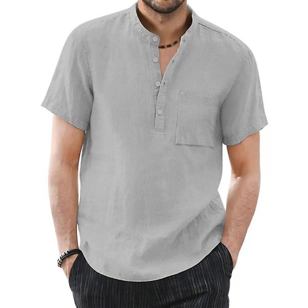 Enfärgade kortärmade toppar för män sommar casual skjorta Grey 2XL