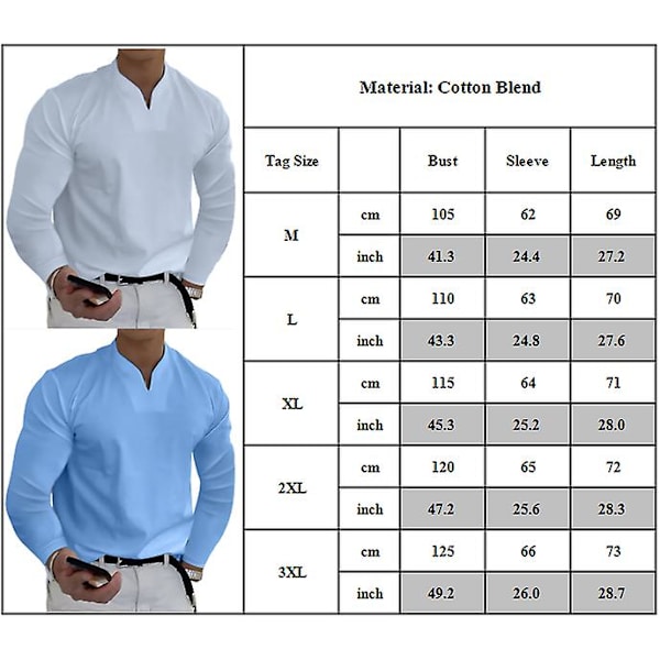 Menn V-hals Solid T-skjorte Casual Lang Erme Topper White L