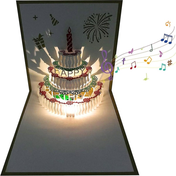 3d-bursdagskort, 1 pakke fargeskiftende lys og automatisk avspilling av musikk Gratulerer med bursdagskakekort -hg