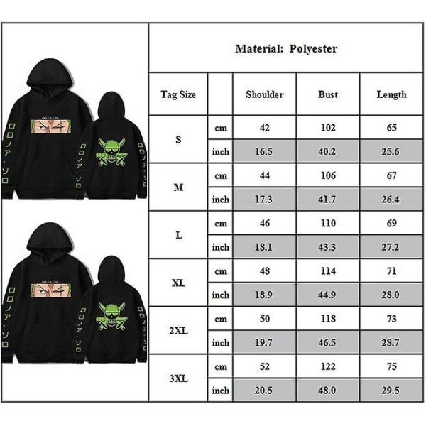 One Piece Hoodies til Voksne Casual Roronoa Zoro Trykt Sweatshirt Topper Langærmet Hættetrøje Trøje Gave M