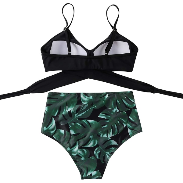 Dam Bikinitop med Korsband, Push-Up, Magkontroll, Halter, Högmidjad Bikini, Tvådelad Baddräkt Black Green Large