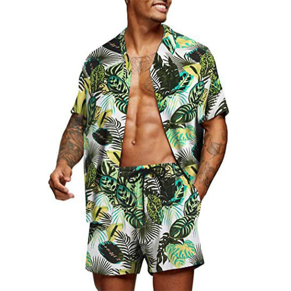 Miesten Tropical Print Hawaii Set Lyhyet housut Kesäloma Ranta Lyhythihaiset Topit + Shortsit Asut D XL