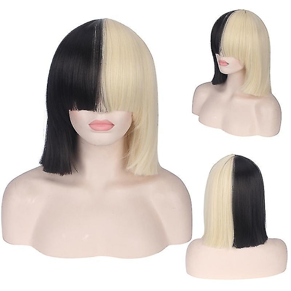 Sia Anime Cosplay Peruk Syntetiskt Hår Kvinnor Rakt Halloween Halv Blond Svart Kort Bob Peruker Med Lugg 35cm