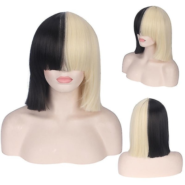 This Is Acting Sia Anime Cosplay Wig Synthetic Hair Women Straight Halloween Half Blonde Black Short Bob Wigs With Bangs 35cm