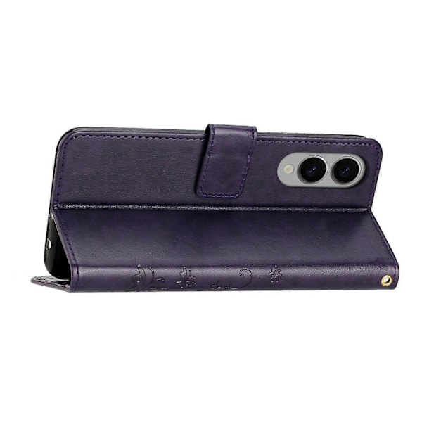 Læder Wallet Case med Sommerfugl og Blomster til Samsung Galaxy S25 Edge med Rem Multicolor Dark Purple