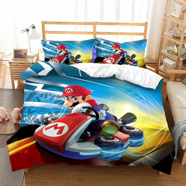 Mario Racing 3D-tryckt Barnbäddset Täcke Överkast Kuddfodral Singel Dubbel AU QUEEN 210x210cm