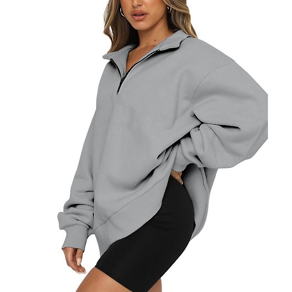 Kvinder Casual Toppe Sweatshirts Løs Langærmet Plain Pullover Gray L