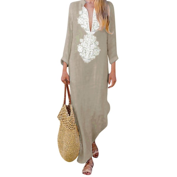 Kvinnors Tryckt Långärmad V-ringad Klänning Split Hem Baggy Kaftan Långklänning Khaki XL
