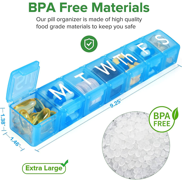 2-pakks Ekstra Stor Ukentlig Pilleboks, BPA-Fri Pilleboks 7 Dager Med XL-Rom For Fiskeoljer, Reisevennlig Medisinboks Pilleetui For C blue Apple Green