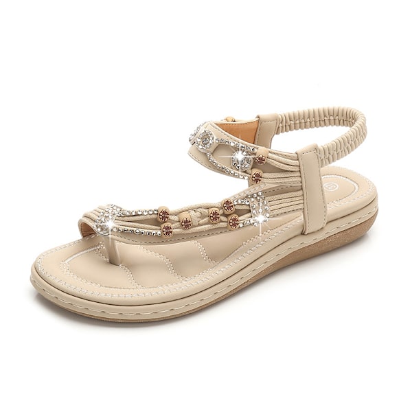 Bohemiska sandaler för kvinnor 2025 Retrodetaljer med strass och pärlor Rund tå och platt sula Apricot 35