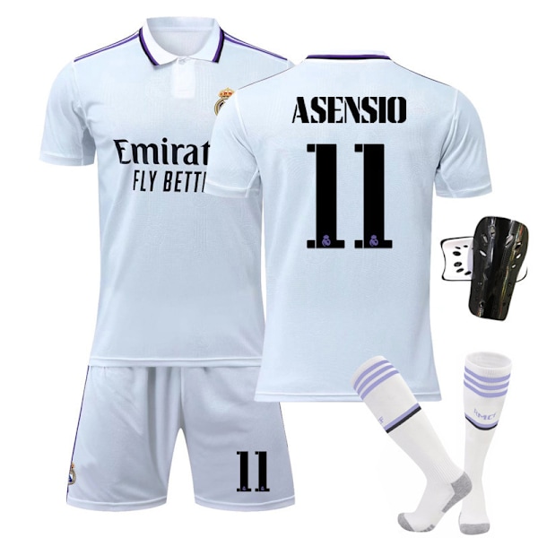 22-23 Real Madrid hjemme hvid trøje Asensio fodbold uniform dragt+sok+beskyttende gear 26(140-150cm)