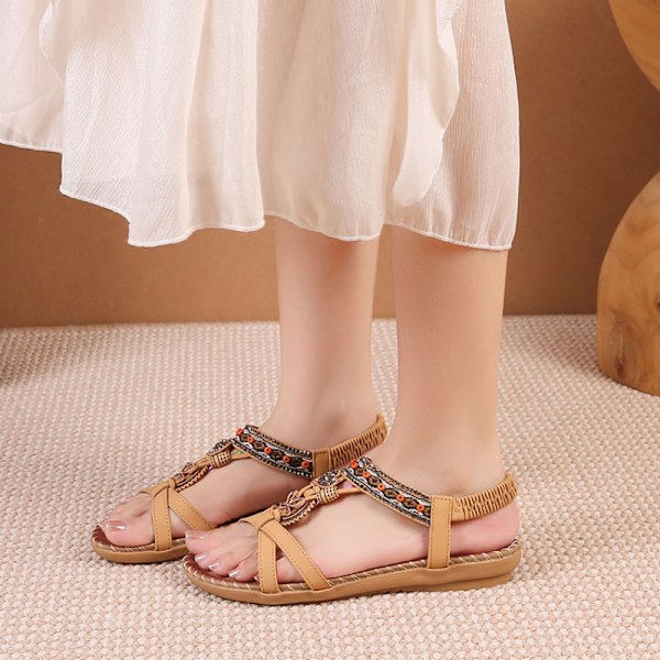 Sommarsandaler för dam 2025 Boho Eleganta med Strass - Äkta Läder Flip Flops AA-1 apricot 41