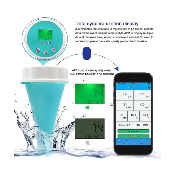 6 i 1 vattenkvalitetsdetektor Smart Online Bluetooth vattenklormätare Ph Meter-drivet verktyg kompatibelt med swimmingpool -HG As Shown