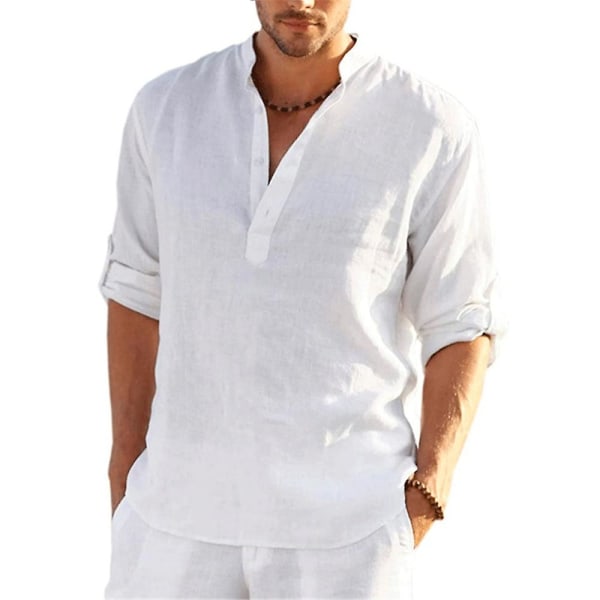 Henley skjorte for menn Langermet Casual Beach Loose Fit skjorter Topper White 3XL