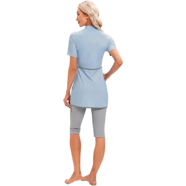 Kvinder Modest Badetøj Islamisk Muslim Badedragt Kortærmet Lynlås Forside Top Shorts Bukser Hijab 3 stk Svømmekostume S-4xl Tangrui Light Blue 3XL