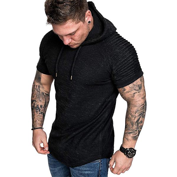 Herrveckad kortärmad huva T-shirt Sommar Casual Sport Hoodies Toppar Black XL