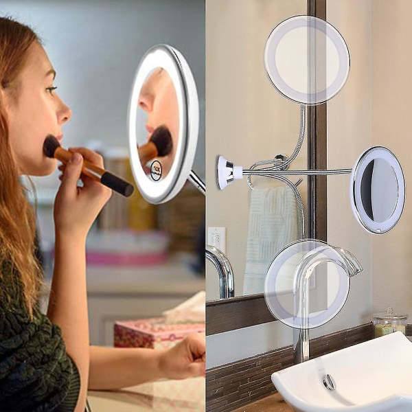 Ny 2023 fleksibel svanehals 10x forstørrende LED opplyst speil opplyst, badekar