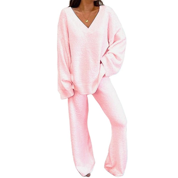 2-pack Damträningsset med V-ringad lös topp + långa byxor Loungewear Pyjamas Set Pink XL