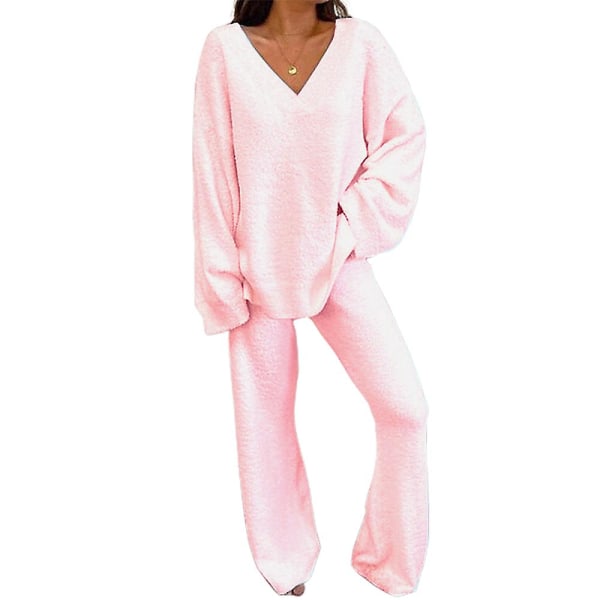 2 stk/sett Dame Vanlige treningsdresser V-hals løse topper+lange bukser Loungewear Pyjamassett Pink 3XL