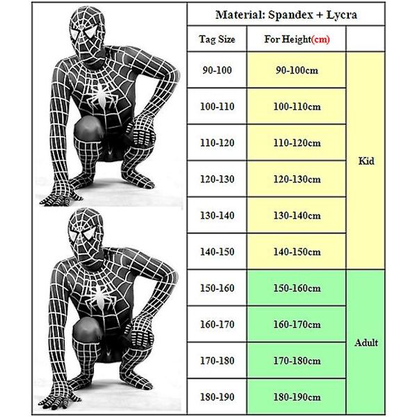 Aikuisten lasten Halloween musta Spiderman Cosplay Jumpsuit Fancy mekko-musta 140-150cm