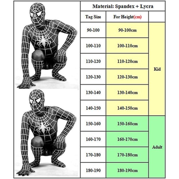 Voksen Barn Halloween Svart Spiderman Cosplay Fest Jumpsuit Fancy Dress-Sort 130-140cm