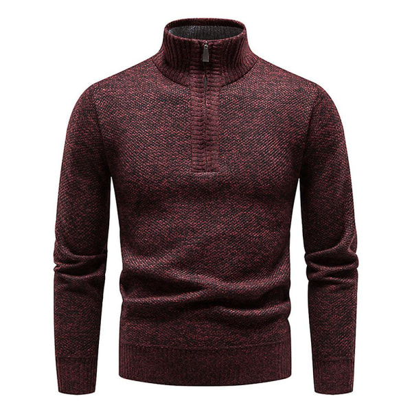 Høy halsgenser for menn med glidelås, lang ermet, strikket pullover Wine Red 2XL