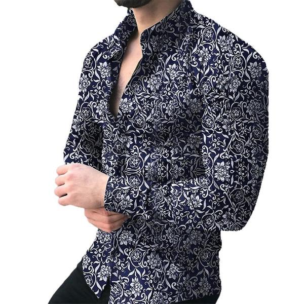 Herr knappar ner blommig printed skjorta Casual Party långärmade toppar Navy Blue 2XL