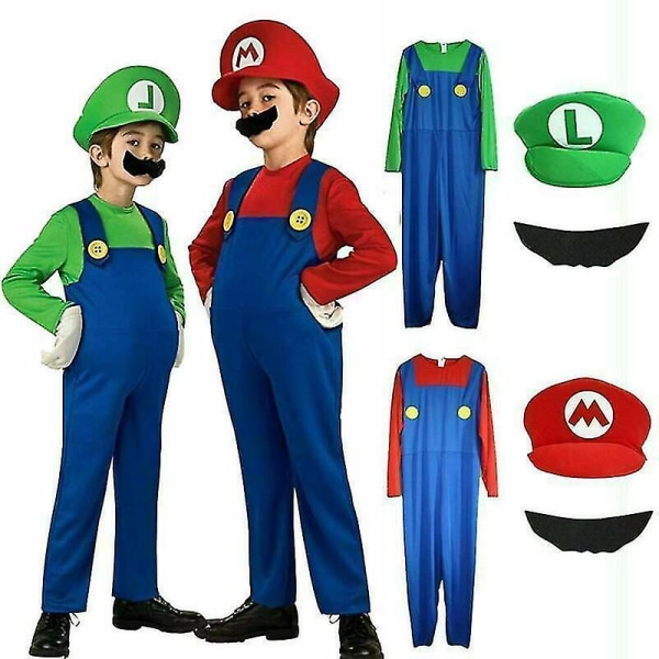 Super Mario Luigi Rørleggerbrødre Kostyme for Barn - Fancy Dress Party Antrekk Red 7-9 years