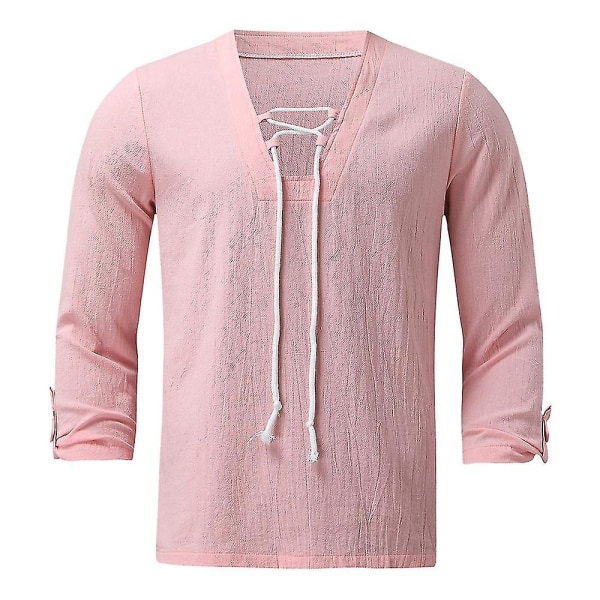 Herre sommer V-hals snøreskjorter Casual Holiday almindelige skjorter Toppe Pink L