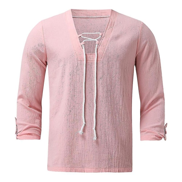 Mens sommar V-ringad spetsskjortor Casual Holiday Enfärgade skjortor Toppar Pink 2XL