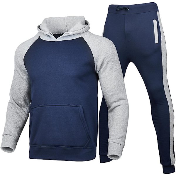 Män Hooded Pullover Toppar + Långa Byxor Sport Jogging Sweatshirt Outfit Set Blue Light Gray XL