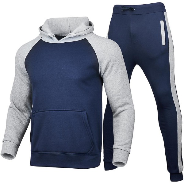 Mænds Hættetrøje med Hætte + Lange Bukser Sports Jogging Sweatshirt Outfit Sæt Blue Light Gray XL