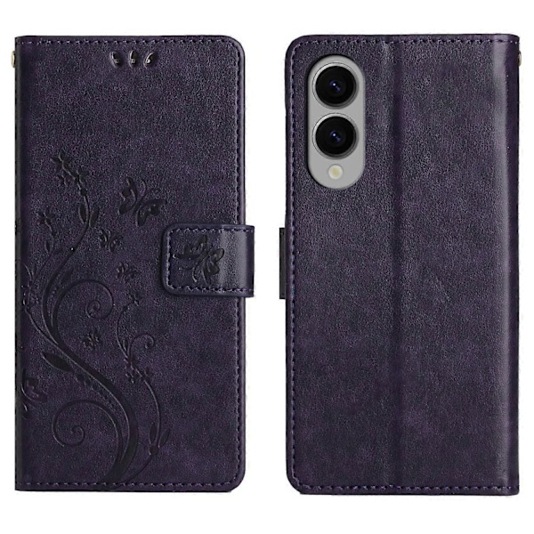 Læder Wallet Case med Sommerfugl og Blomster til Samsung Galaxy S25 Edge med Rem Multicolor Dark Purple