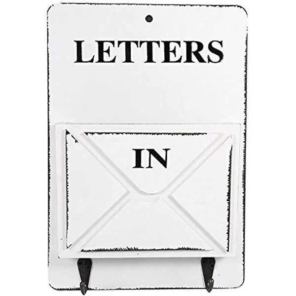 Wooden Mail Box Letter Rack Mail Sorter Box Key Hooks Standing Holder (white)